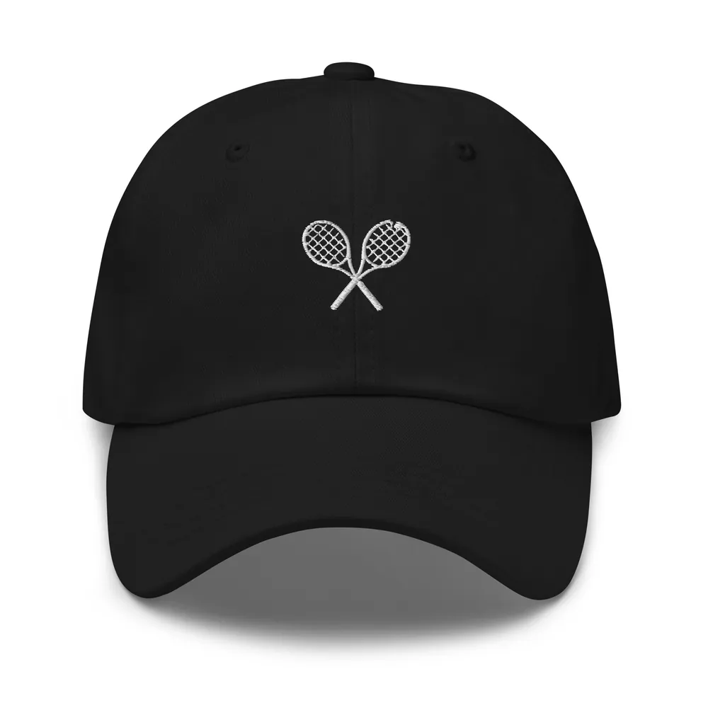 The Lab Cap in black with white crossed-racket embroidery